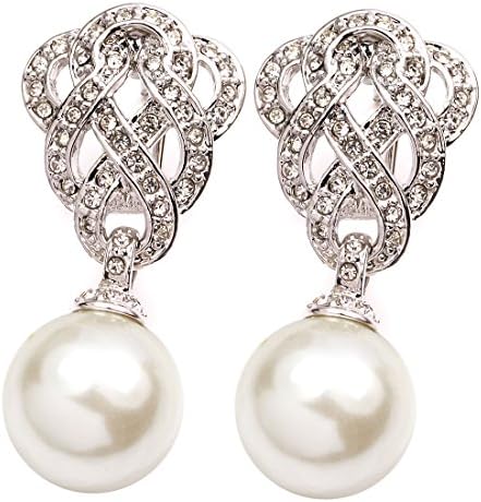 FC JORY Vintage White Gold Plated Crystal Pearl Drop Dangle Filigree Knot Earring