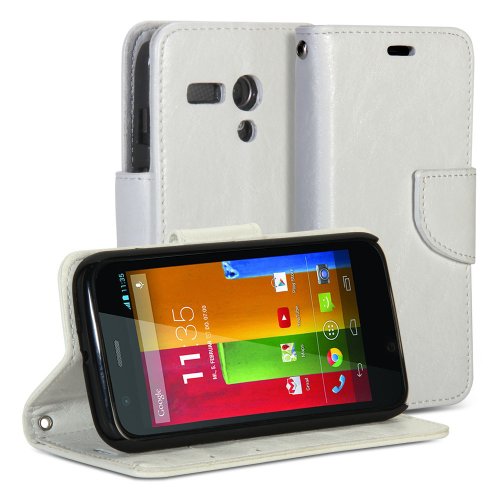 Moto G Case, GMYLE(R) White Crazy Horse Pattern PU Leather Protective Flip Folio Slim Fit Wallet Purse Stand Case Cover for Motorola Moto G XT1032 XT1033 XT1034 2013 (Not Fit For 2014 Version)