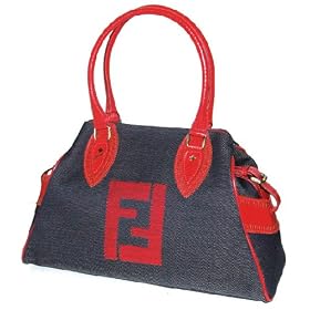 Fendi Dark Blue Denim with Red Leather Medium Bag De Jour Handbag 8BN162-TWN-F0NC2