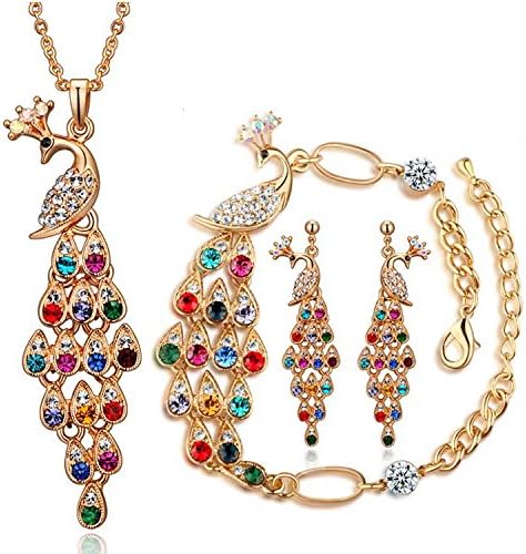 Dlakela Luxury Colorful Crystal Peacock Necklace Earrings Bracelet Jewelry Set