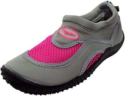 WOMEN'S Water Shoes - Comfortable Aqua Socks for Pool, Beach, Lake, Yoga, Exercise with Drawstring closure for secure and easy fit - Sizes 5 - 10 (9, Grey / Fuchsia)
