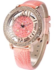 Lady Women Girl Pink Leather Band Transparent Case Gold Case Crystal Quartz Watches WK1154