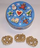 Scott's Cakes 1 lb. White Chocolate Covered Pretzel with Walnuts in a Christmas Cookie Tin