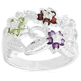Sterling Silver Garnet, Amethyst, Peridot and Diamond Accent Flower Ring