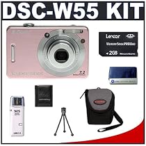 Sony CyberShot DSC-W55 7.2 Megapixel Digital Camera with 3x Optical Zoom (Pink) + Lexar Media 2GB 40x Platinum II Series Memory Stick (MS) PRO Duo Card + Deluxe Soft Carrying Case + High Speed USB 2.0 Memory Stick (MS) Card Reader