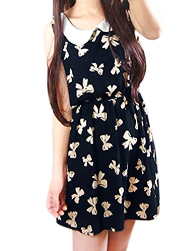 Allegra K Women Doll Collar Bowtie Pattern Mini Tank Dress Pink Dark Blue L