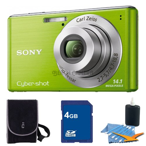 Sony Cyber-Shot DSC-W530 14.1 MP Digital Still Camera with Carl Zeiss Vario-Tessar 4x Wide-Angle Optical Zoom Lens and 2.7-inch LCD (Green) with 4 GB Memory Card, Camera Carrying Case and Cleaning Kit