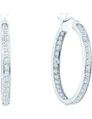 14K White Gold 1.0CT White Round Cut Diamond Pave Fashion Hoop Earrings