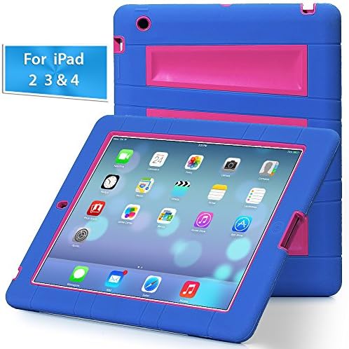 iPad Case, iPad 2 3 4 Case Lightweight Shockproof Drop Resistance Rugged Silicone + Plastic 2 Layer Hybrid Defender Super Protection Case and Built-in Kickstand for Apple iPad 2 iPad 3 iPad 4 (Blue-Rose)