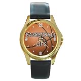 Round Gold Metal Watch of Basketball (Hoops) Equals Life (I Love Basketball, Mavericks, Rockets, Grizzlies, Hornets, Spurs, Warriors, Clippers, Lakers, Suns, Nuggets, Timberwolves, Jazz)