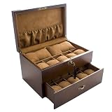 Vintage Wood Solid Top Watch Display Storage Case Chest Holds 20+ Watches With Adjustable Soft Pillows and High Clearance for Larger Watches