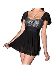Sexy Metallic Babydoll Cap Sleeves Flutter Lace Mesh  Dress