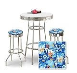 Chrome Bar Table & 2 Chrome Elvis Presley Blue Hawaii Fabric Seat Barstools ....