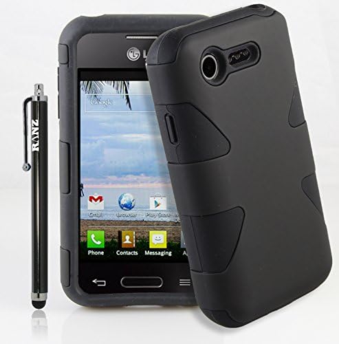 RANZ® Black/Black Heavy Duty Hybrid Dual Layer Dynamic Case For LG Optimus Zone 2 VS415PP / LG Optimus Fuel L34C + Touch Stylus