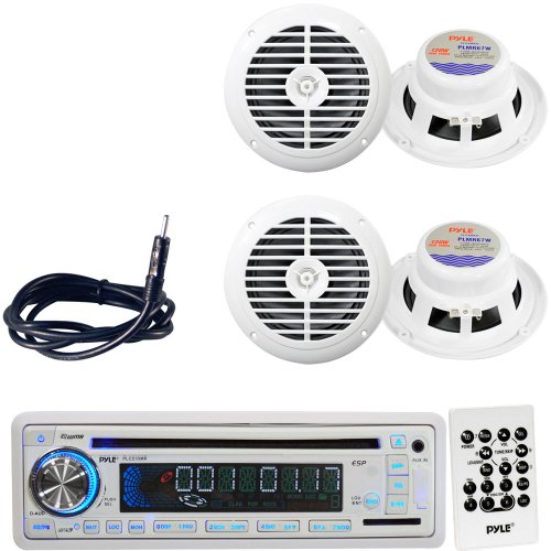 Pyle Marine Radio, Speaker and Cable Package - PLCD35MR AM/FM-MPX IN-Dash Marine CD/MP3 Player/USB & SD Card Function - 2x PLMR67W 2 Pairs of 6-1/2'' Dual Cone Waterproof Stereo Speaker System - PLMRNT1 22" Weather Resistant Radio AM/FM Marine Wire Antenna Braided Cable