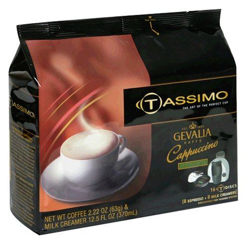 Gevalia Decaf Cappuccino, T-Discs for Tassimo Hot Beverage System, 8-Count Bags (Pack of 2)