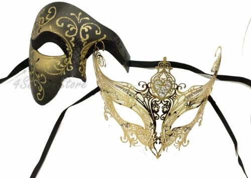 Kayso His & Hers Masquerade Couples Venetian Design Masks - 2 Piece Gold Colored Set - Venetian Mardi Gras Party Halloween Queen Ball Prom