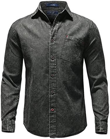 XIUYI Men's Cotton Polo Collar Long Sleeve Denim Button Down Denim Shirts Black M