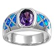 Sterling Silver Lab Created Opal Ring - 5mm Band Width - 9mm Face Height - Sizes: 6-9 - Blue Opal - Amethyst CZ Sterling Silver Lab Created Opal Ring - 5mm Band Width - 9mm Face Height - Sizes: 6-9 - Blue Opal - Amethyst CZ