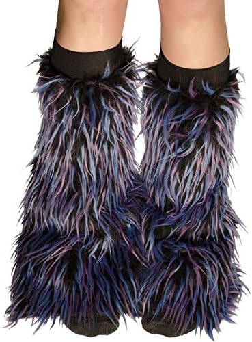 KryptiK Women's Fluffy Leg Warmers Black Fur One Size w/ Blue and Purple Spikes