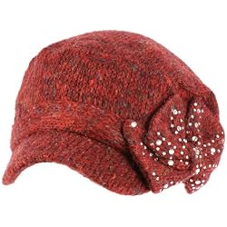 Elastafit Winter Ribbon Bow Crystals Knit Cadet Military Castro Hat Cap Burgundy