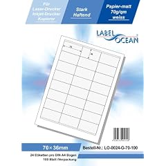 LabelOcean LO-0024-G-70, 2400 Etiketten 70x36mm, 100 Blatt DIN A4, 70g/qm, geeignet f�r Inkjetdrucker-, Laserdrucker und Kopierer.