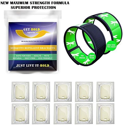 GET BOLD SPORTS #1 Mosquito Repellent Bracelet - by 2 Pack/10 Refills- Maximum Strength Formula - 360 HRS Protection/Refill-DEET Free - Waterproof - Safe for Kids, Adults,& Pets