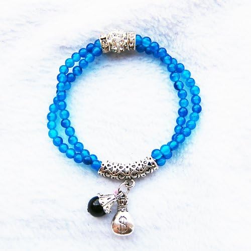 Maya Element Natural Agate 4mm Beads Bracelet Sterling Sliver with Crystal Diamand Light Blue Mye-031