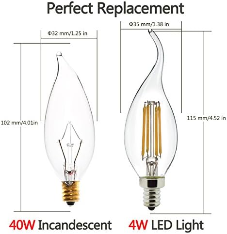 TGM 4W Soft White 3000K LED Filament Candelabra Bulb C35 Bent Tip LED Candle Light Bulb,40W Incandescent Bulb Replacement,E12 Candelabra Base(3 Pack)