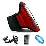 Red Moisture Resistant Neoprene Sports Active Workout Armband with Adjustable Velcro Strap - Includes Universal Windshield Mount Holder for Motorola Atrix 4G