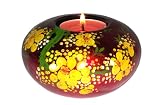 Red cherry blossom hand painting on metalic burgandy base - Decorative wooden flat lacquer tea-light candleholders- 2 inches
