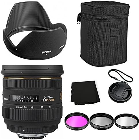 Sigma 24-70mm f/2.8 IF EX DG HSM Autofocus Lens for Nikon AF + Sigma Original Lens Case + Sigma Original Lens Hood + 3 Piece Filter Kit (UV, CPL, FLD)