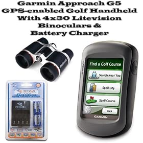 Garmin Approach G5 GPS-enabled Golf Hand held With Bushnell Powerview 4x30 Litevision Binoculars And AC/DC Battery Charger
