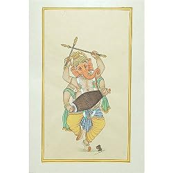Miniature Paintings Drawings with Water Color Dancing Ganesha 4.5 x 8.5 inches (miniature0038)