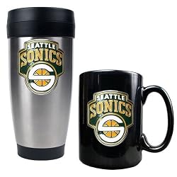 Seattle Sonics NBA Stainless Steel Travel Tumbler & Black Ceramic Mug Set - Primary Logo by Great American Products