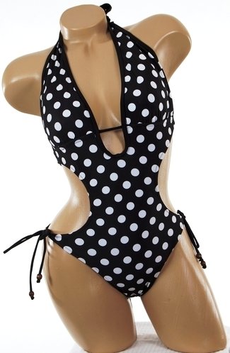 Sexy Trendy Swimwear 2008 Hottest Style Monokini 1 One Piece Black White Polka Dot Tie Side Swimsuit
