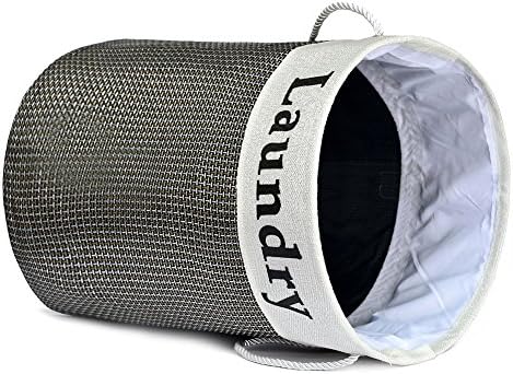 Lixin Teslin DIY Laundry Basket 17.7*13.7-inch, Household Essential Sturdy Modern Round Sealable Folding Drawstring Laundry Hamper Organizer with Tote Handle(black with White)