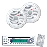 Pyle Marine Radio Receiver and Speaker Package - PLCD9MR AM/FM-MPX In-Dash Marine CD Player w/Full Face Detachable Panel - PLMR60W 150 Watts 6.5 2 Way White Marine Water Proof Speakers (Pair)