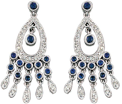 14K White Gold Hand-Crafted Designer Chandelier Earrings, Enhanced with Pave Set Diamonds and Bezel Set Sapphire Stones.(GH-Color, SI-Clarity, c.t.t.w. 0.26CT.,Sapphire 0.92CT).