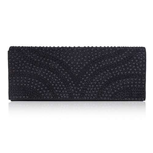 Damara Womens Patterned Pearl Flap-Over Dazzling Clutch Evening Bag,Black