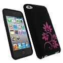 iGadgitz Black & Pink Flower Tattoo Silicone Skin Case Cover for Apple iPod Touch 4th Generation 8gb, 32gb, 64gb + Screen Protector