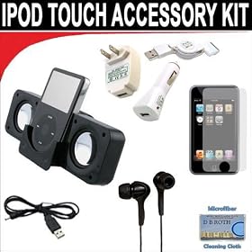 8 pc. Accessory kit for iPod Touch 7/16/32GB. Includes Black portable stereo speaker w/cable 3-in-1 iPod charging kit (1000mAH) Black Mini soft Earbuds Reusable Pre-Cut Screen Protector and a DBROTH Microfiber Cleaning Cloth