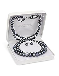 Sterling Silver 4-9mm Black Freshwater Pearl Graduated 2 Row Necklace 18" Length with Matching 7-8mm Black Freshwater Pearl Stud Earring.