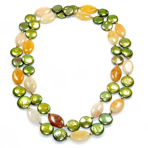 Single Strand of Amber Jade, Coin Pearl with 14k Gold Endless Necklace 34\