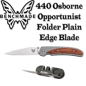 Benchmade 440 Osborne Opportunist Folder Wood Inlay Handle 3in. Plain Edge Blade & Famed Pocket Pal Sharpener for Plain & Serrated Edge Blades