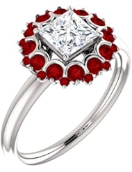 Platinum Princess Cut Diamond and Ruby Flower Inspired Ring -- LIFETIME WARRANTY