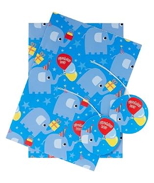 Birthday Boy Elephant Wrapping Paper and Tag