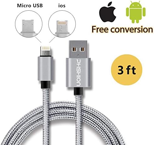 Phshion Reversible Micro USB Cable and Apple Lightning Cable 2 in 1 Joined Cord Both for IOS and Android system iPhone 6s/ 6s Plus/ 6/ 6 Plus/ 5/ 5c/ 5s/ iPad Air/Samsung/ (3.3feet 1meter)-Grey