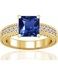 14K Yellow Gold Princess Cut Blue Sapphire Ring With Sidestones