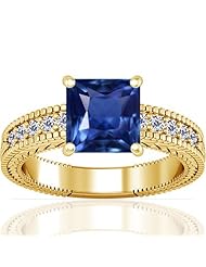 18K Yellow Gold Princess Cut Blue Sapphire Ring With Sidestones